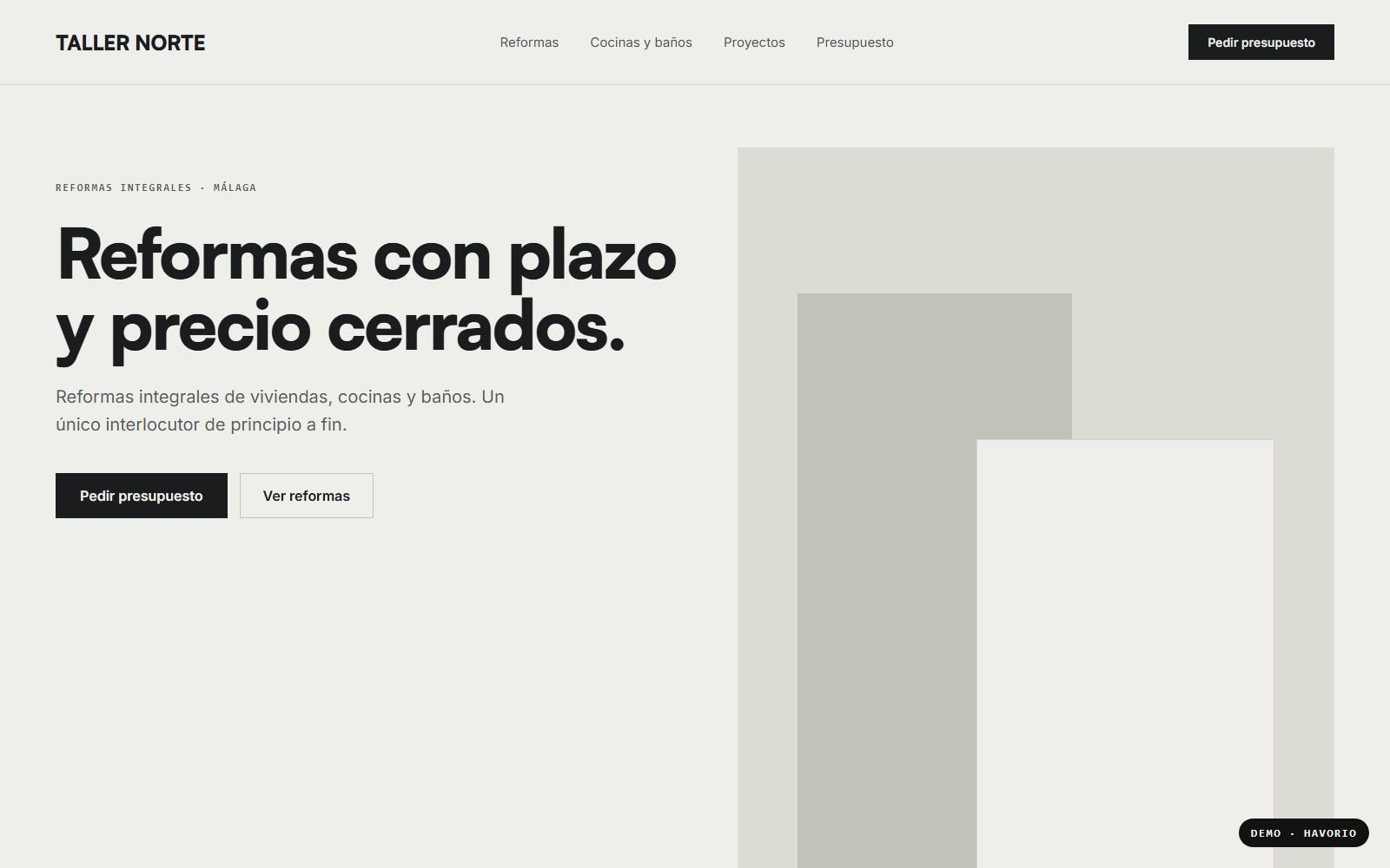 Portada de la web de ejemplo de Taller Norte Reformas, con el titular «Reformas con plazo y precio cerrados» y el botón Pedir presupuesto